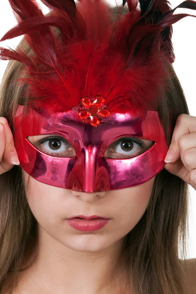 Girl in the red masquerade mask — Stock Photo, Image