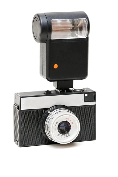 Câmera velha com um flash — Fotografia de Stock