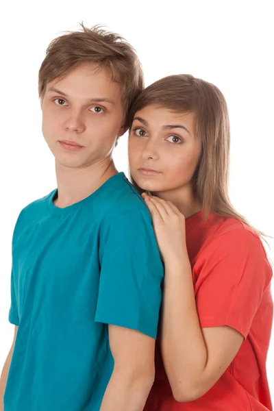 Paar van tieners in kleur kleding — Stockfoto