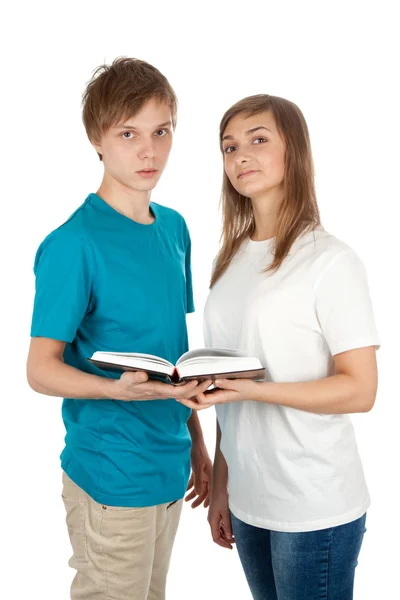 Açık bir kitap ile kız ve oğlan — Stok fotoğraf