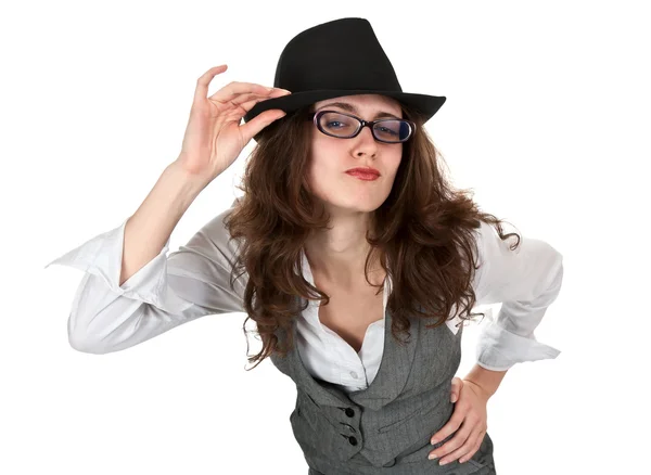 Beautiful girl in the black hat — Stock Photo, Image