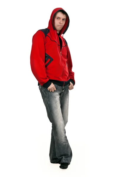 Man in a red sweater with a hood — Stock Photo, Image