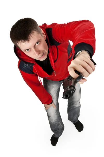 Mladý lupič v červený svetr s pistolí — Stock fotografie