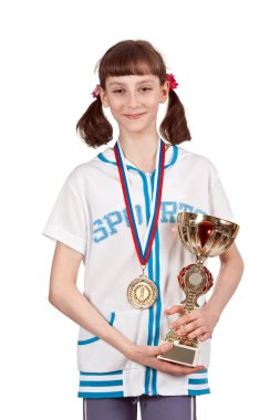 Kız bir madalya ve gold Kupası
