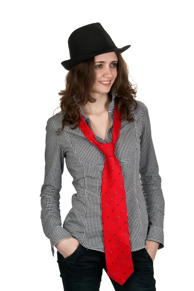 Fille dans un chapeau et une cravate rouge — Photo