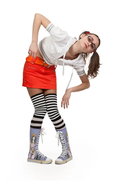 Chica en calcetines a rayas — Foto de Stock