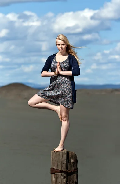 Chica de yoga de pie sobre una pierna —  Fotos de Stock