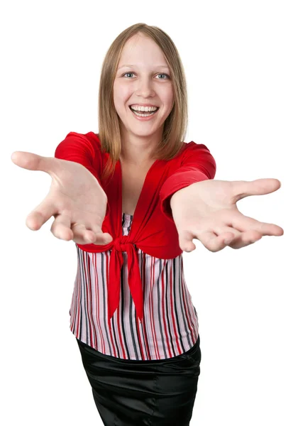 Mooi lachende meisje in een heldere rode blouse — Stockfoto
