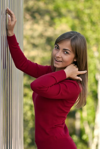 Krásná dívka v purpurových šatech mimo ocelová stěna — Stock fotografie