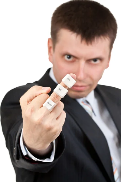 Businessman shows Fuck. On the finger keys Ctrl Alt Del — Stock Photo, Image