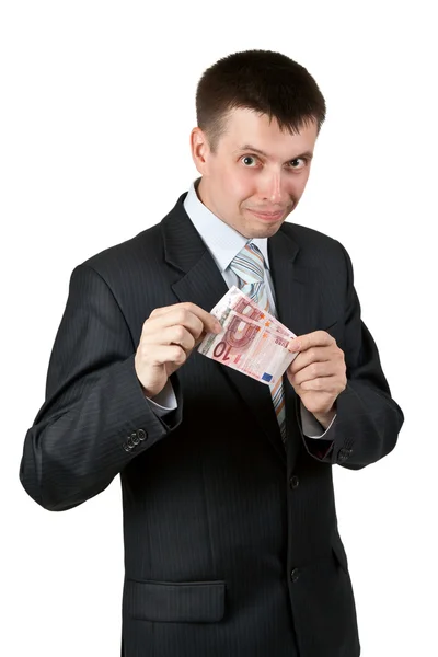 Бизнесмен показывает два счета на десять евро — стоковое фото