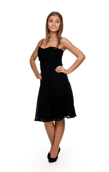 Tanned girl in a black dress — Stock Photo, Image