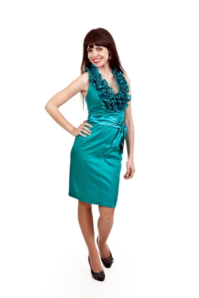 Brünettes Mädchen in einem blauen Kleid — Stockfoto