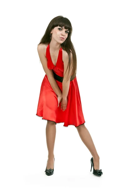 Μελαχρινή κοπέλα σε κόκκινο φόρεμα — Φωτογραφία Αρχείου