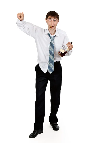 Drunk businessman with a bottle of cognac — Stock Photo, Image