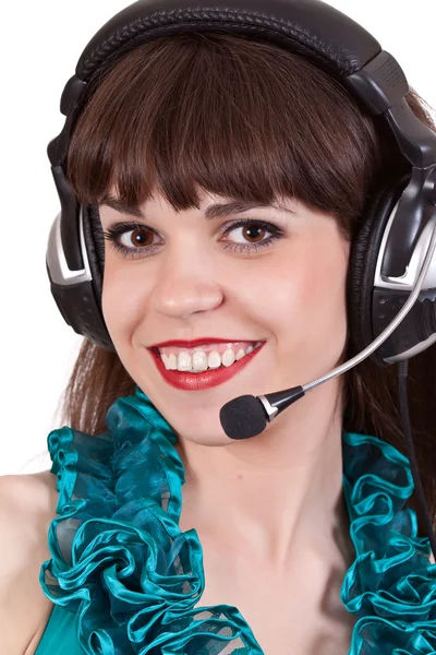 Portrait of girl with headphones with microphone — Stock Photo, Image