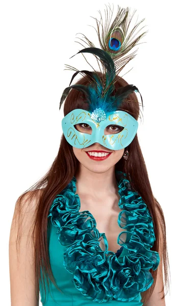 Brunette girl in a blue dress and mask — Stock Photo, Image