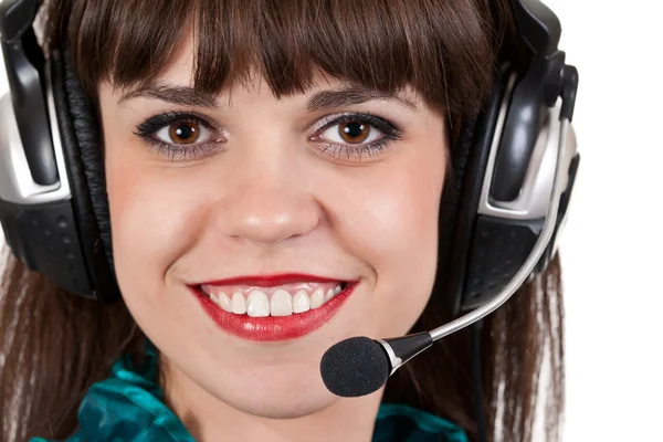 Portrait of girl with headphones with microphone — Stock Photo, Image