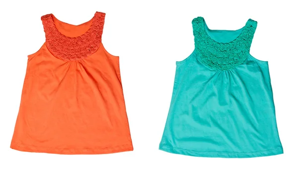 Колаж зеленими і помаранчевими жіночі футболки — стокове фото