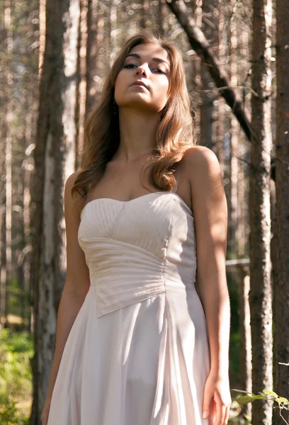 Dívka v šatech v lese — Stock fotografie