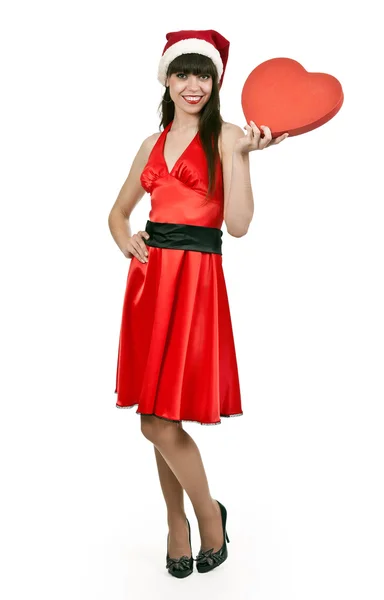 Girl in a red dress, hat santa — Stock Photo, Image