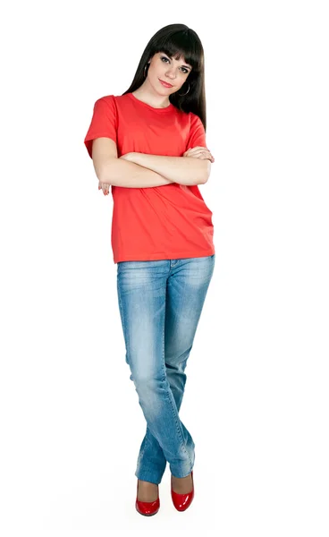 Dziewczyna buty czerwone i niebieskie dżinsy w studio — Zdjęcie stockowe