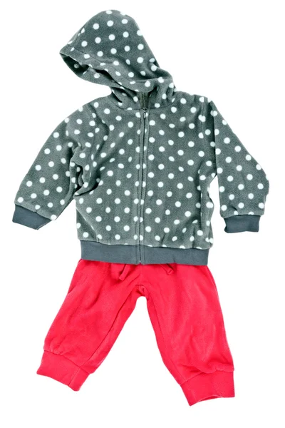 회색 후드 스웨터 어린이 폴카 도트 바지 레드 — 스톡 사진