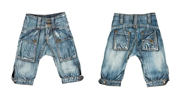 Modaya uygun kot pantolon iki çift çocuklar için yapılmış bir kolaj — Stok fotoğraf