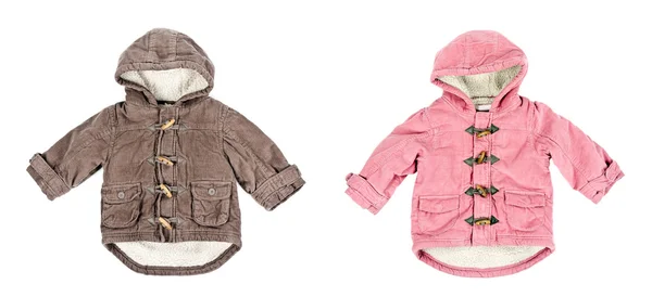 Un collage compuesto por dos chaquetas de pana, calientes sobre un respaldo blanco —  Fotos de Stock
