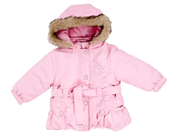 Pink winter jacket with fur baby on the hood — Stock Photo, Image