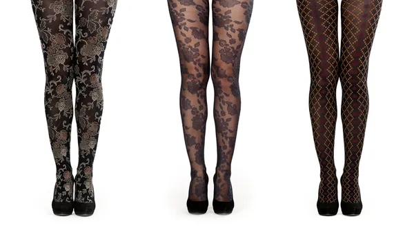 Un collage formado por tres pares de patas femeninas en pantimedias y Imagen de stock