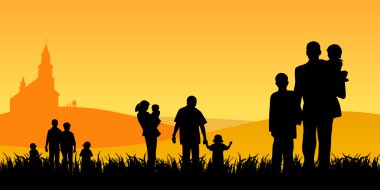 Young with children going to church clipart
