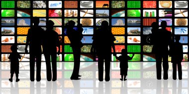 Young with children watching television on huge lcd panel clipart