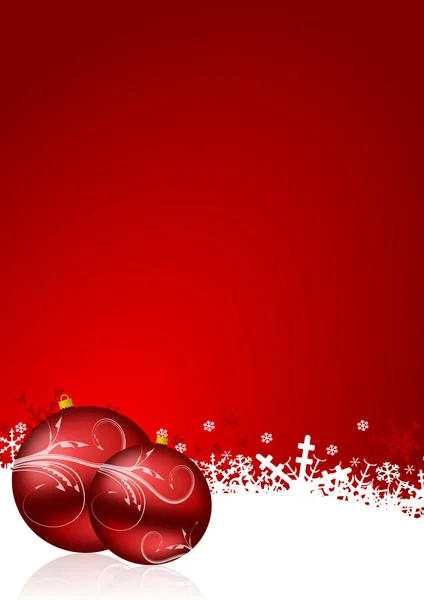 Röd jul bakgrund med snöflingor och julgranskulor — Stockfoto