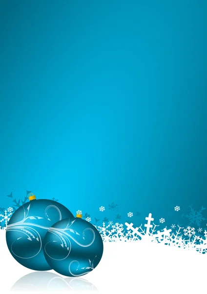 Blå jul bakgrund med snöflingor och julgranskulor — Stockfoto