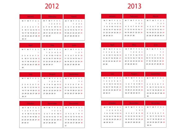 Calendar 2012 and 2013 start in Monday — Stockový vektor