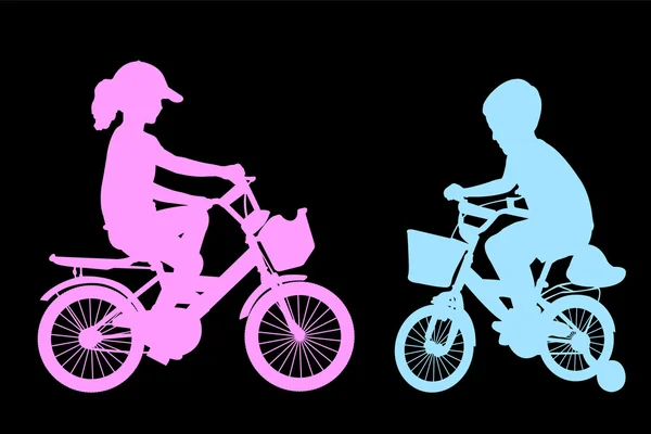 Niño y niña montando bicicletas — Vector de stock