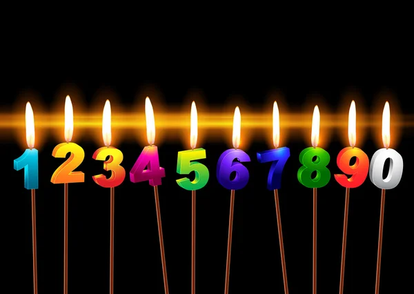 Brennende Kerzen mit den Zahlen "1, 2, 3, 4, 5, 6, 7, 8, 9, 0" — Stockvektor
