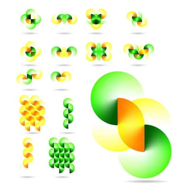 Různé zelené a žluté abstraktní ikony izolovaných na bílém pozadí — Stockový vektor