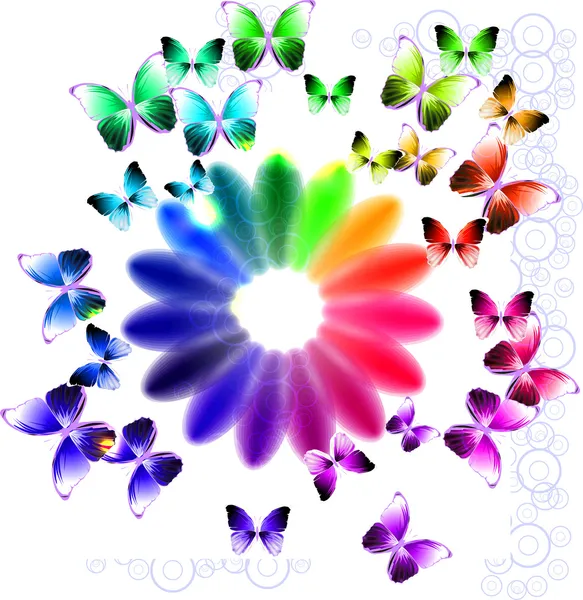 Abstrato fundo brilhante com flor e borboletas — Vetor de Stock