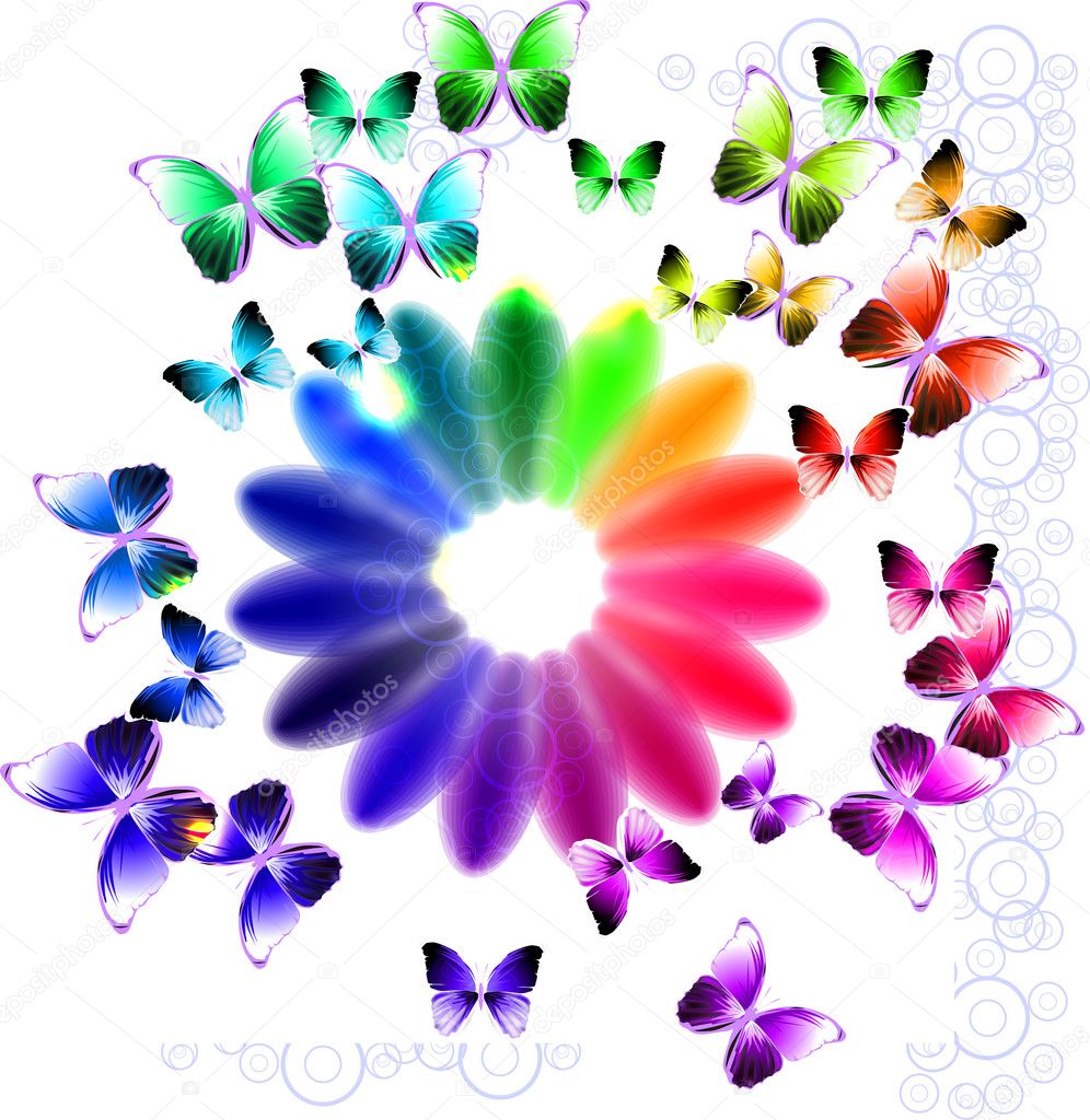 Abstract bright background with flower and butterflies