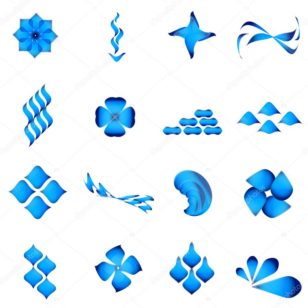 Various blue abstract icons isolated on a white background