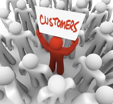 Person Holding Customers Sign in Crowd clipart