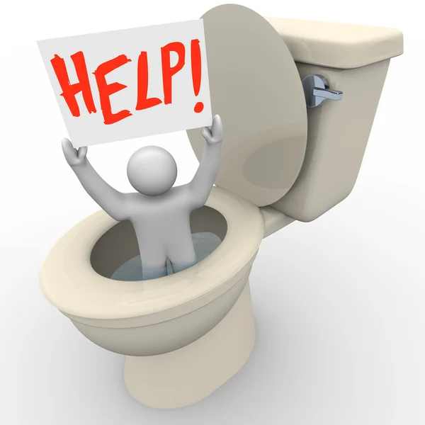 Mężczyzna zatrzymany w WC gospodarstwo pomoc znak - alarmowy sos — Zdjęcie stockowe