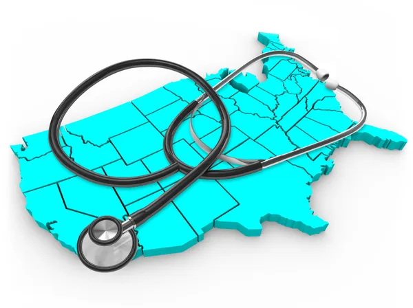 Stethoscoop en Verenigde Staten kaart - nationale gezondheidszorg — Stockfoto