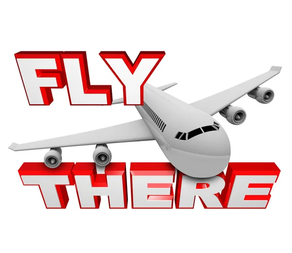 Fly There - реактивный самолет и слова о путешествиях — стоковое фото