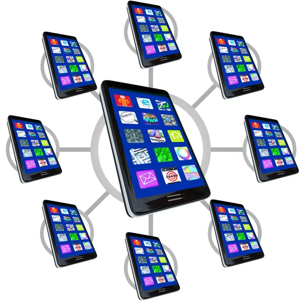 Nätverk av smarta telefoner med apps för att kommunicera — Stockfoto