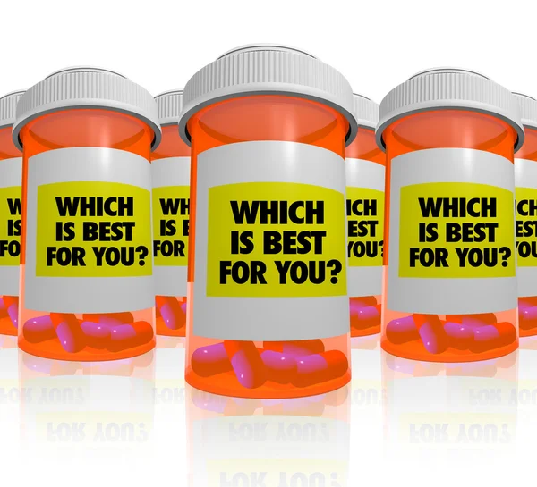 Muitas garrafas de prescrição - Qual medicamento é o melhor — Fotografia de Stock