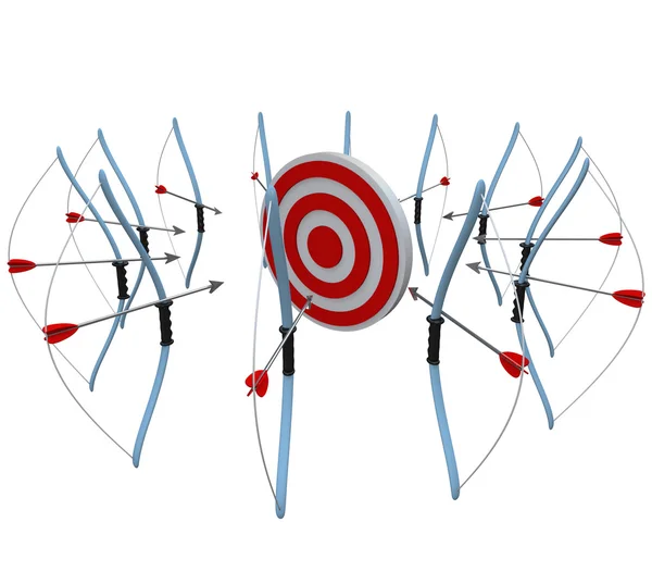 Many Bows and Arrows Aiming at One Target in Competition — Stock Photo, Image