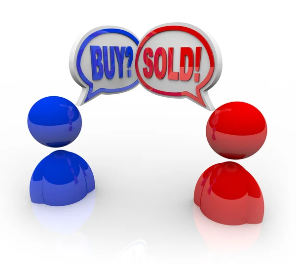 Satın almak ve satılan konuşma kabarcıklar iş anlaşması ve hareket — Stok fotoğraf